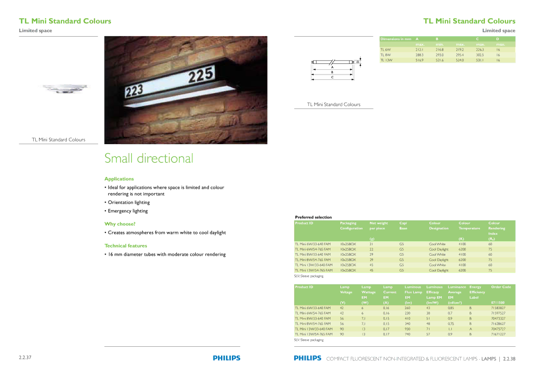 Philips Compact Fluorescent Integrated Lamps manual Small directional, TL Mini Standard Colours 