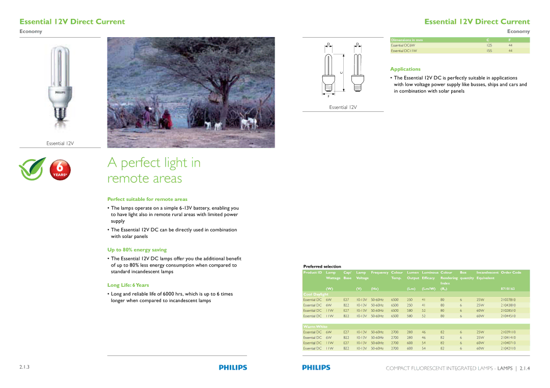 Philips Compact Fluorescent Integrated Lamps manual Essential, Perfect suitable for remote areas, Long Life 6Years 