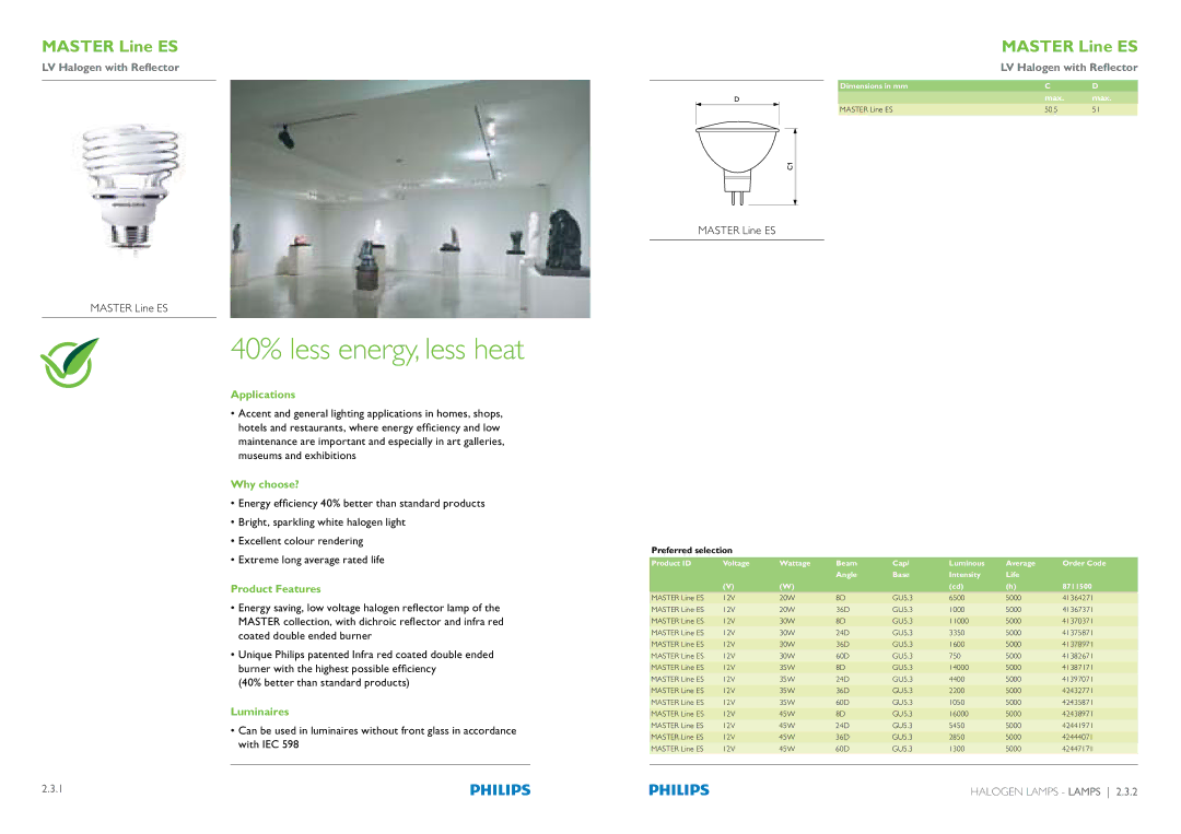 Philips Compact Fluorescent Integrated Lamps 40% less energy, less heat, Master Line ES, Product Features, Luminaires 