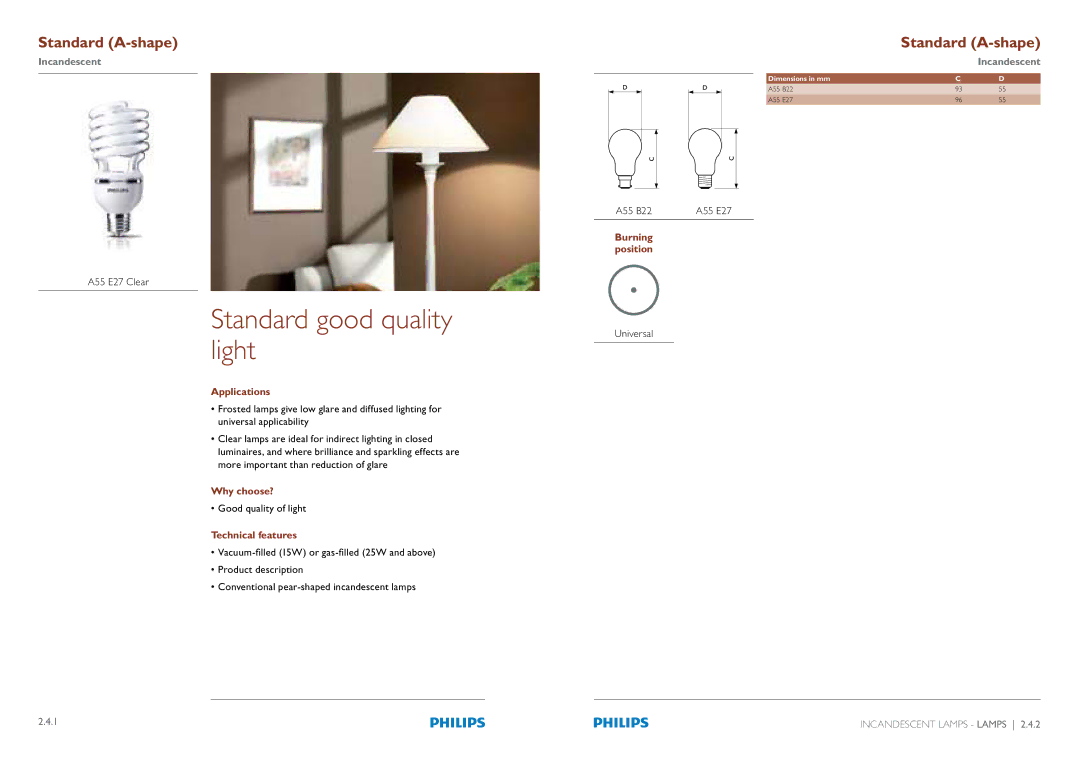 Philips Compact Fluorescent Integrated Lamps manual Standard good quality light, &$Mfbs, A55 B22 & 