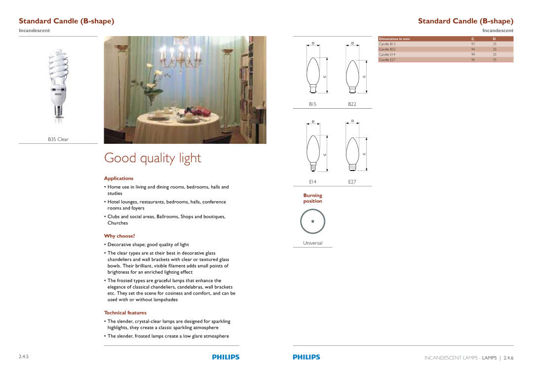 Philips Compact Fluorescent Integrated Lamps manual Good quality light, B35 Clear, B15B22 E14& 