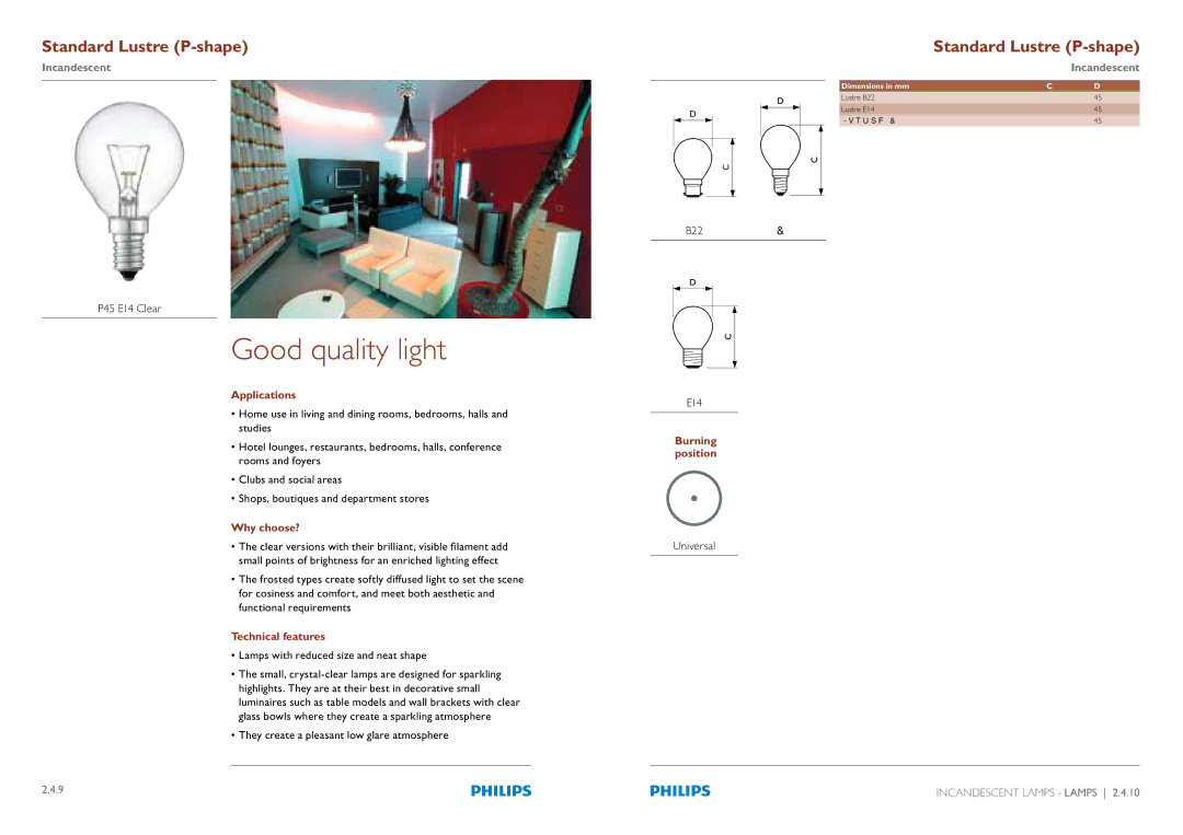 Philips Compact Fluorescent Integrated Lamps manual P45 E14 Clear,  Lamps with reduced size and neat shape 