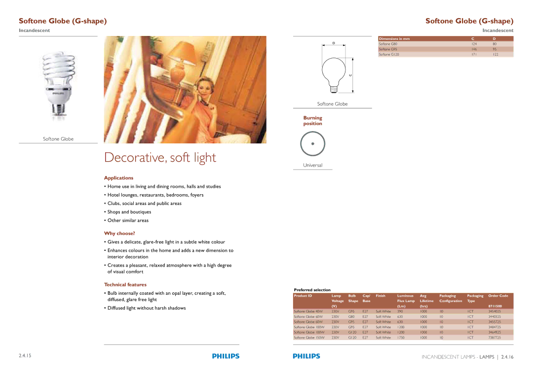 Philips Compact Fluorescent Integrated Lamps manual Decorative, soft light, Softone Globe 