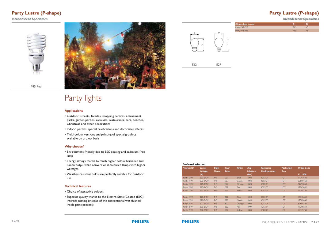 Philips Compact Fluorescent Integrated Lamps manual P45 Red, B22& 