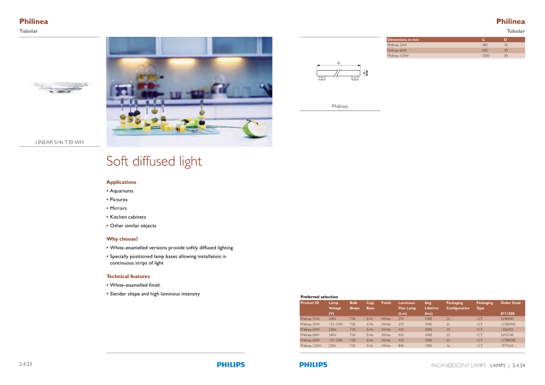 Philips Compact Fluorescent Integrated Lamps manual Soft diffused light, Philinea Linear S14s T30 WH 