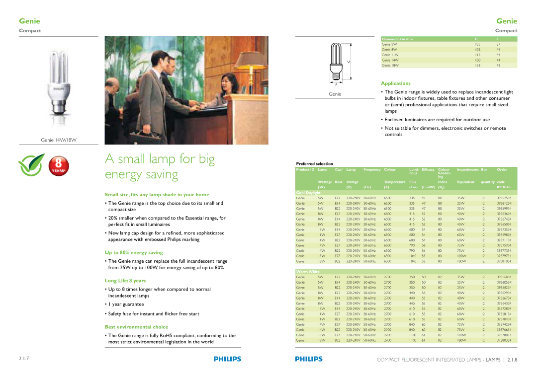 Philips Compact Fluorescent Integrated Lamps manual Small lamp for big energy saving, Genie, Long Life 8 years 