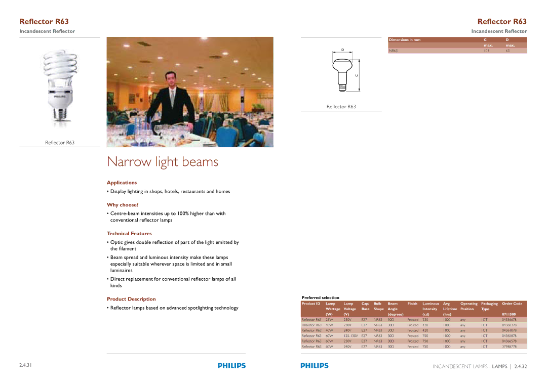 Philips Compact Fluorescent Integrated Lamps manual Narrow light beams, Reflector R63 