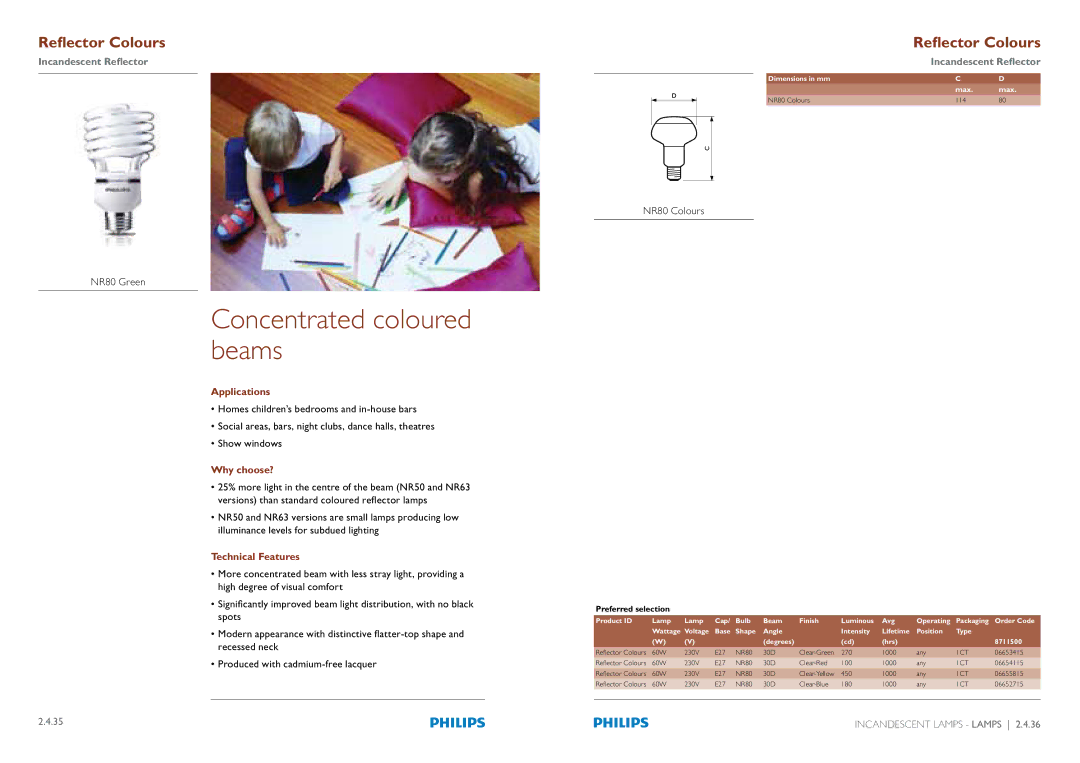 Philips Compact Fluorescent Integrated Lamps manual Concentrated coloured beams, NR80 Green, NR80 Colours 