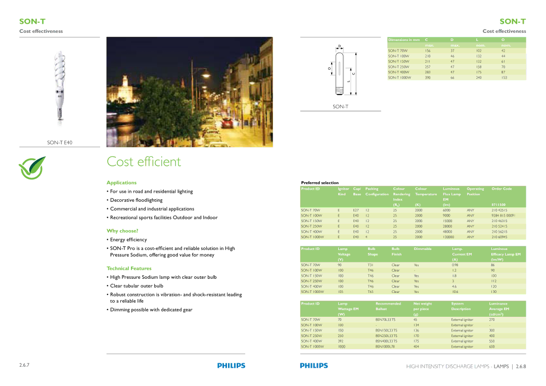 Philips Compact Fluorescent Integrated Lamps manual Cost efficient, Son-T 