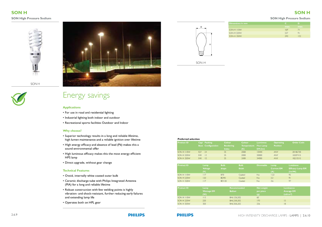 Philips Compact Fluorescent Integrated Lamps manual Energy savings, Son-H 