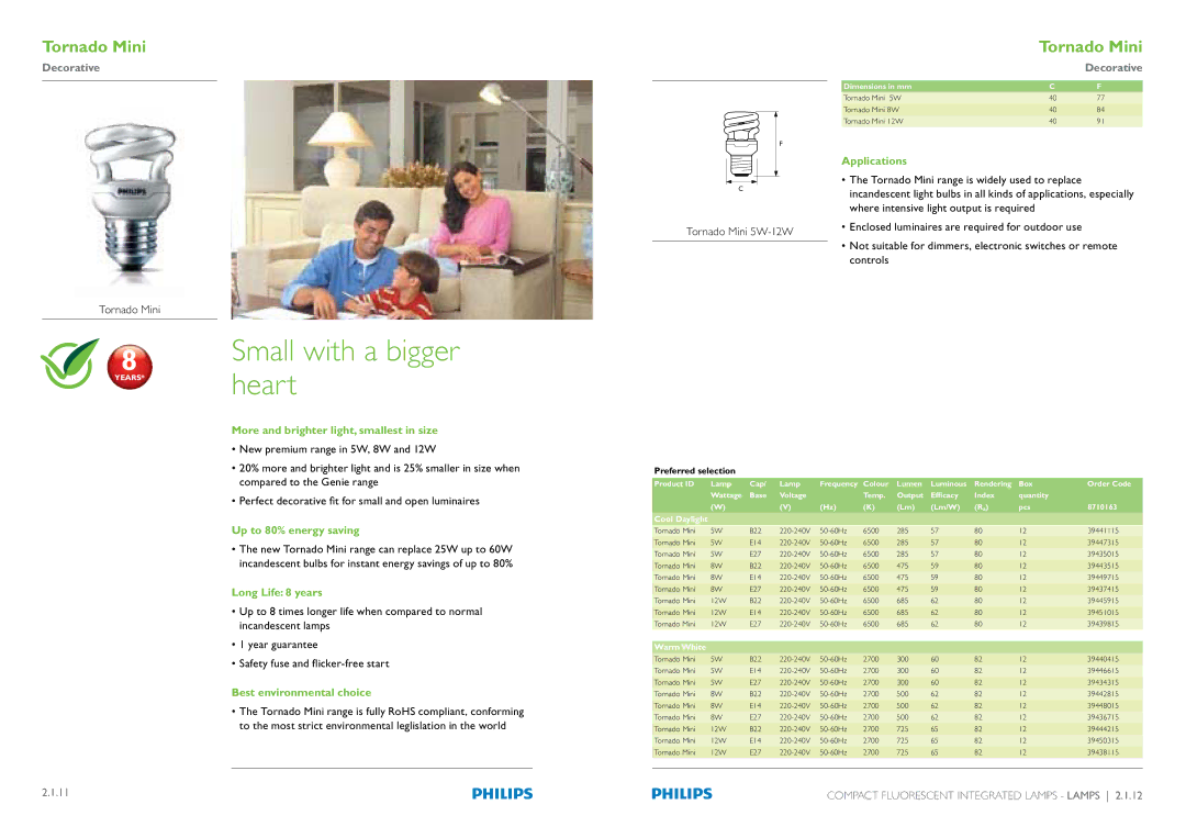 Philips Compact Fluorescent Integrated Lamps manual Small with a bigger heart, Tornado Mini 5W-12W 