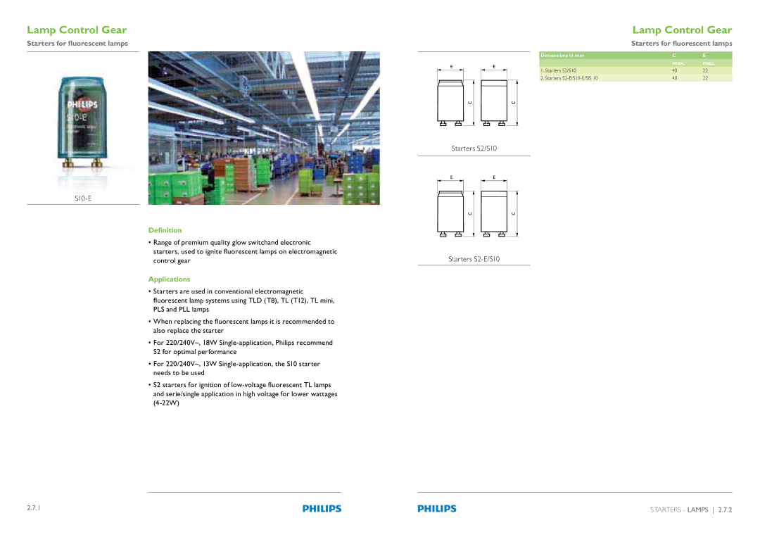 Philips Compact Fluorescent Integrated Lamps manual S10-E, Definition, Starters S2/S10 Starters S2-E/S10 