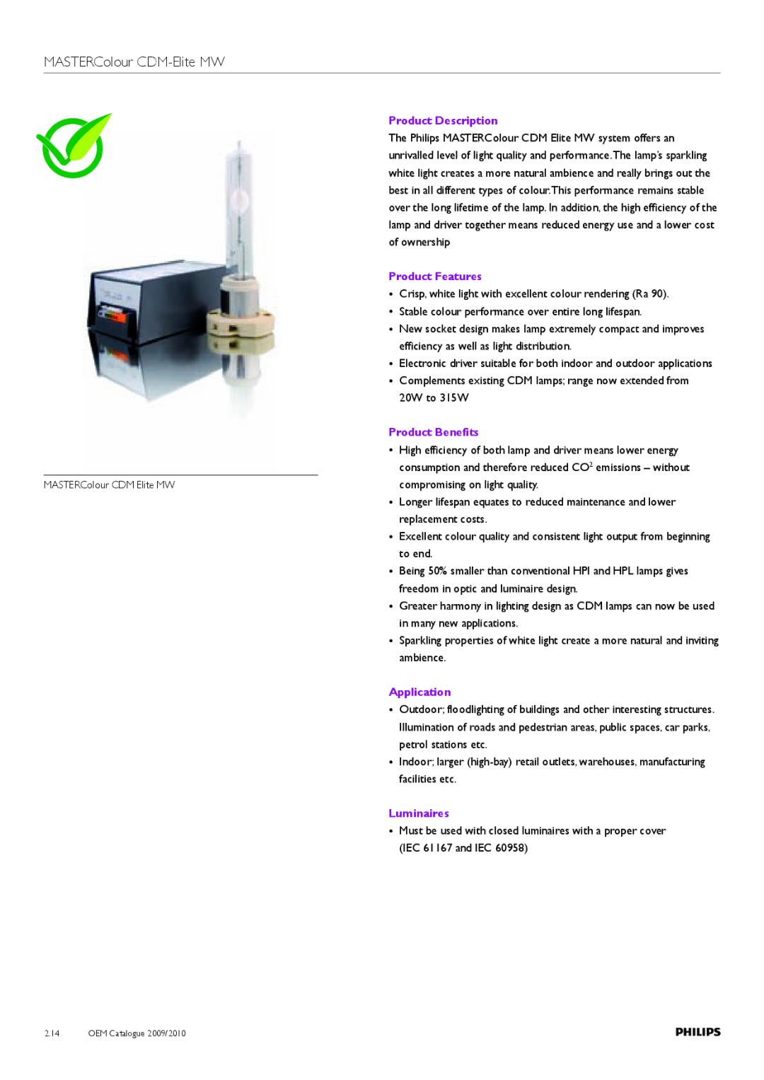 Philips Compact HID Lamp and Gear manual MASTERColour CDM-Elite MW, Product Description 