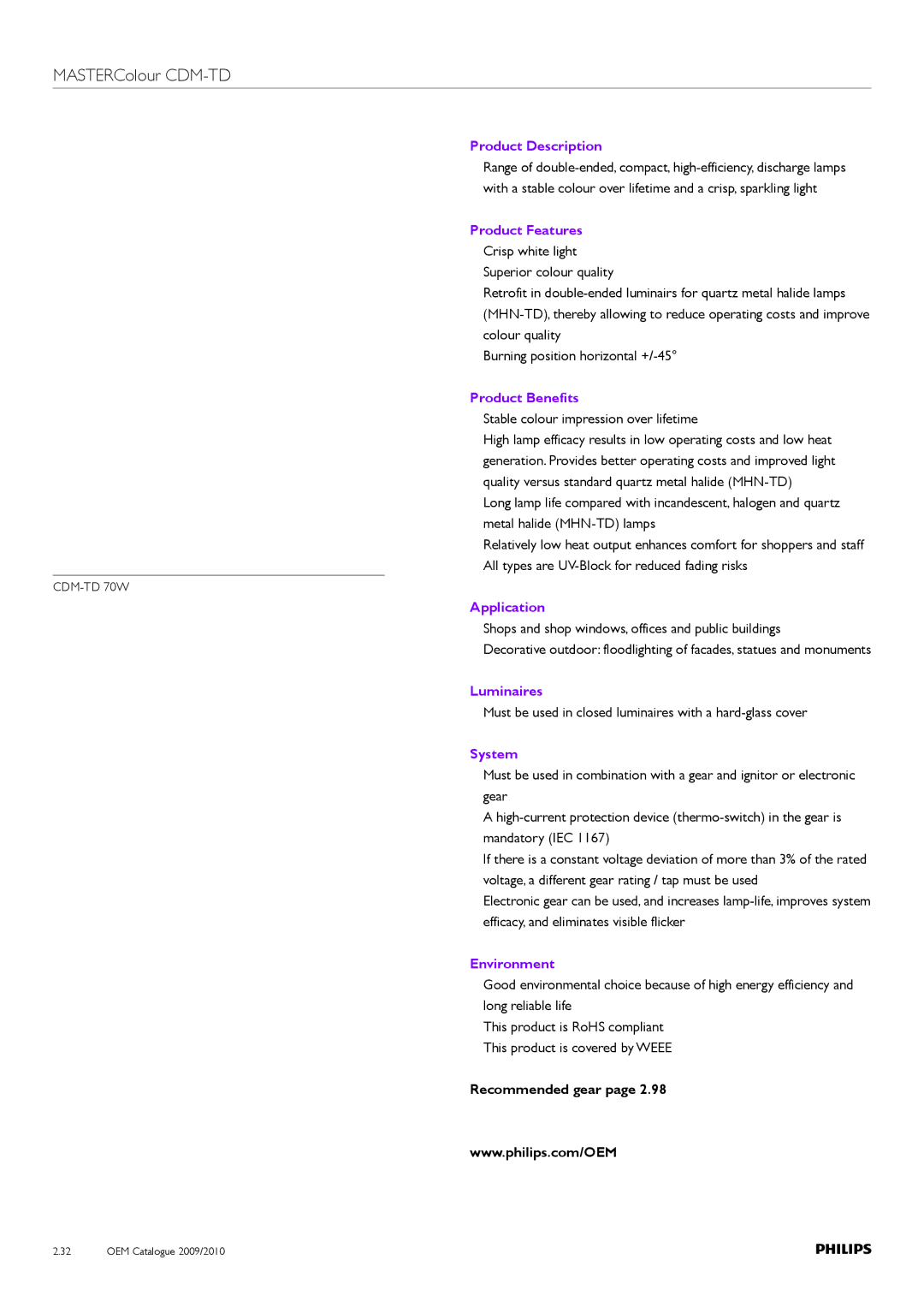 Philips Compact HID Lamp and Gear manual MASTERColour CDM-TD, Product Description 