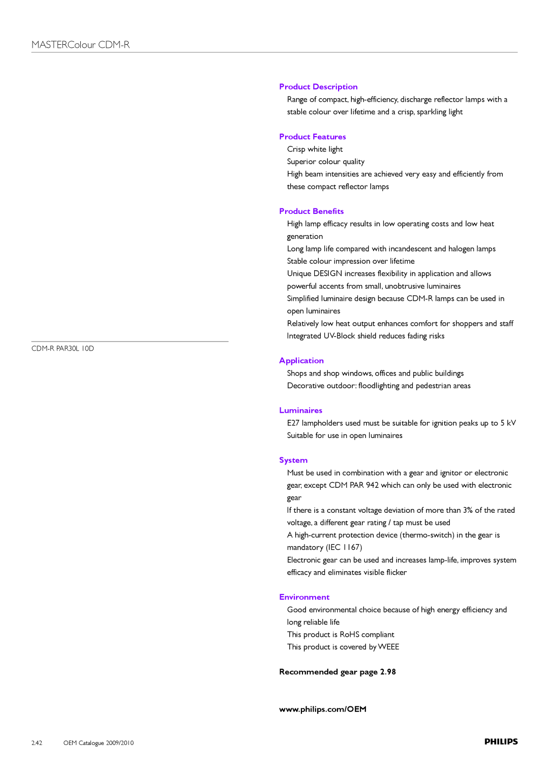 Philips Compact HID Lamp and Gear manual MASTERColour CDM-R, Product Description 