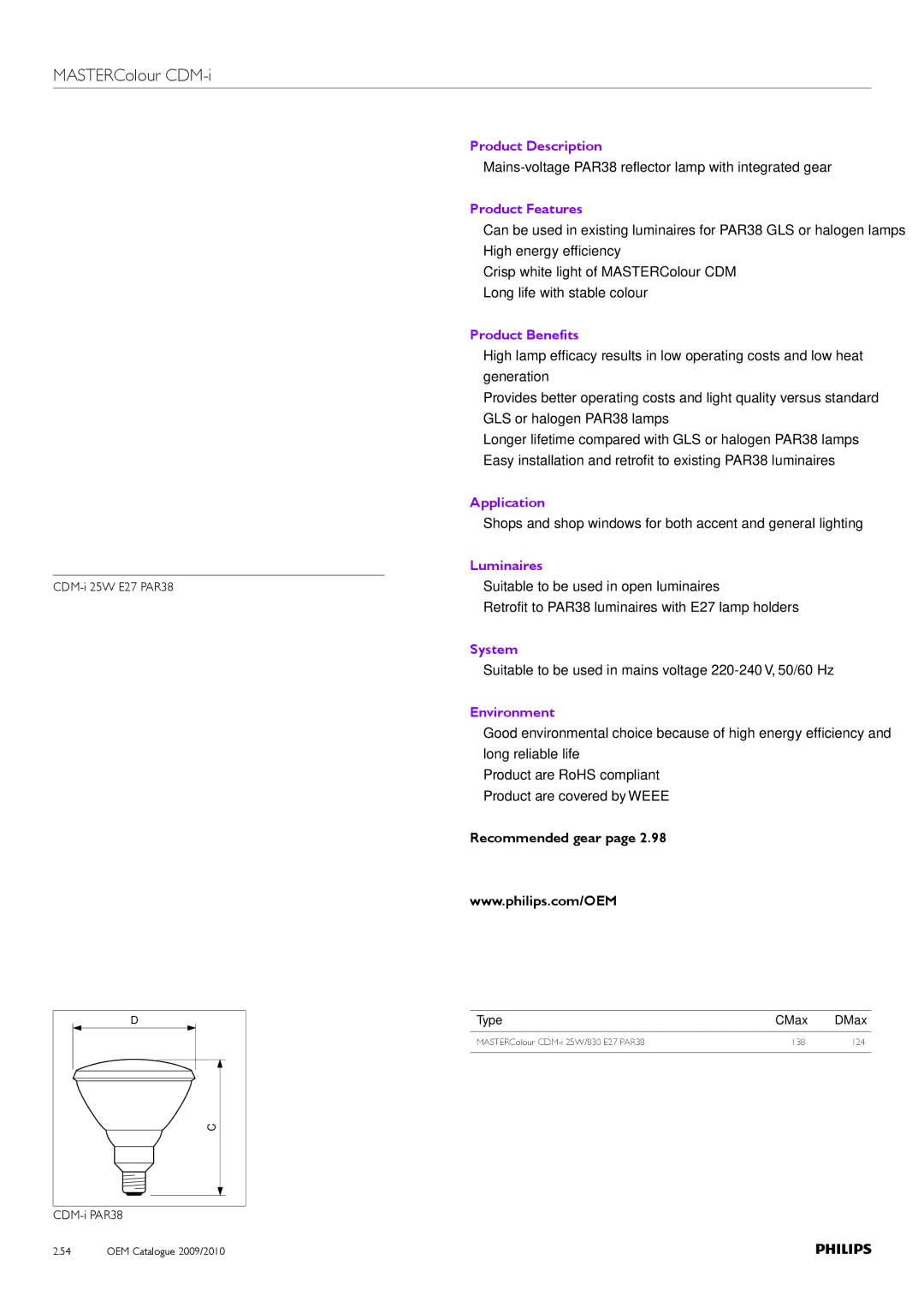 Philips Compact HID Lamp and Gear manual MASTERColour CDM-i, CDM-i 25W E27 PAR38 CDM-i PAR38, Type CMax DMax 