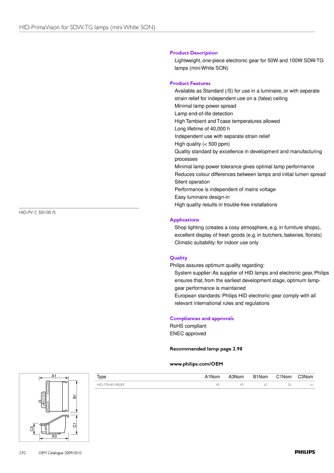 Philips Compact HID Lamp and Gear manual HID-PrimaVision for SDW-TG lamps mini White SON, HID-PV C 50/100 /S 