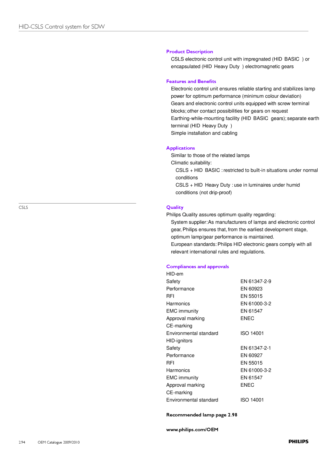 Philips Compact HID Lamp and Gear manual HID-CSLS Control system for SDW 