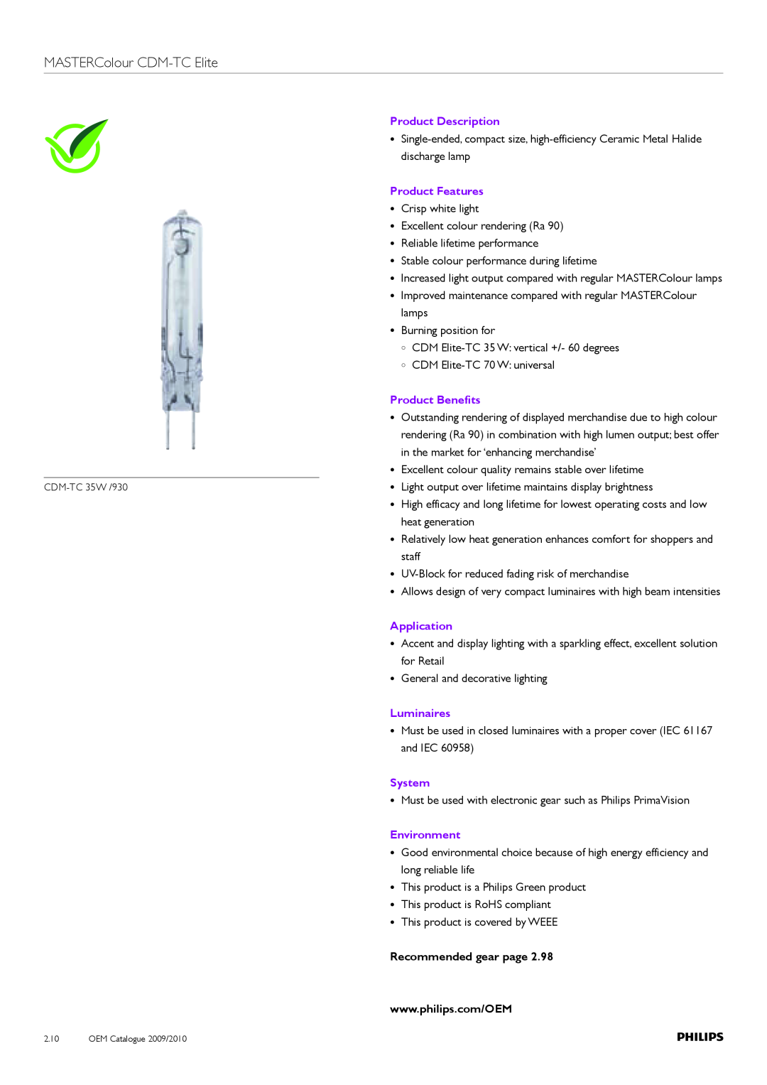Philips Compact HID Lamp and Gear manual MASTERColour CDM-TCElite, Product Description, Product Features, Product Benefits 