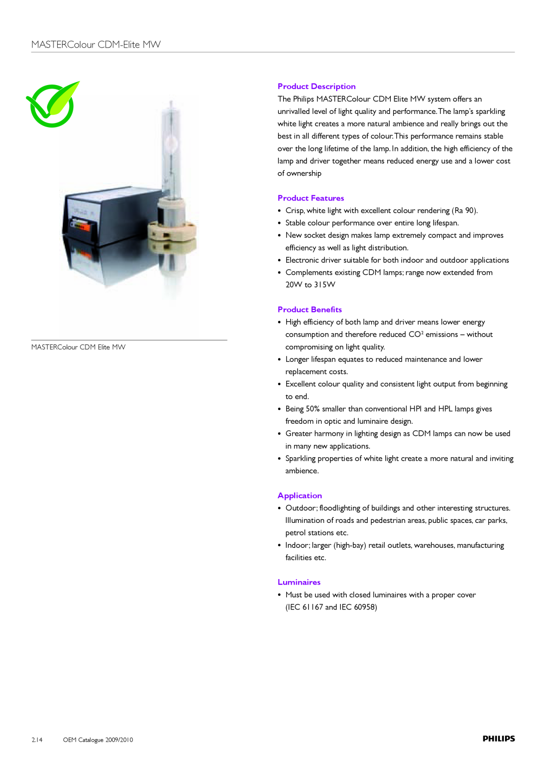 Philips Compact HID Lamp and Gear manual MASTERColour CDM-EliteMW, Product Description, Product Features, Product Benefits 