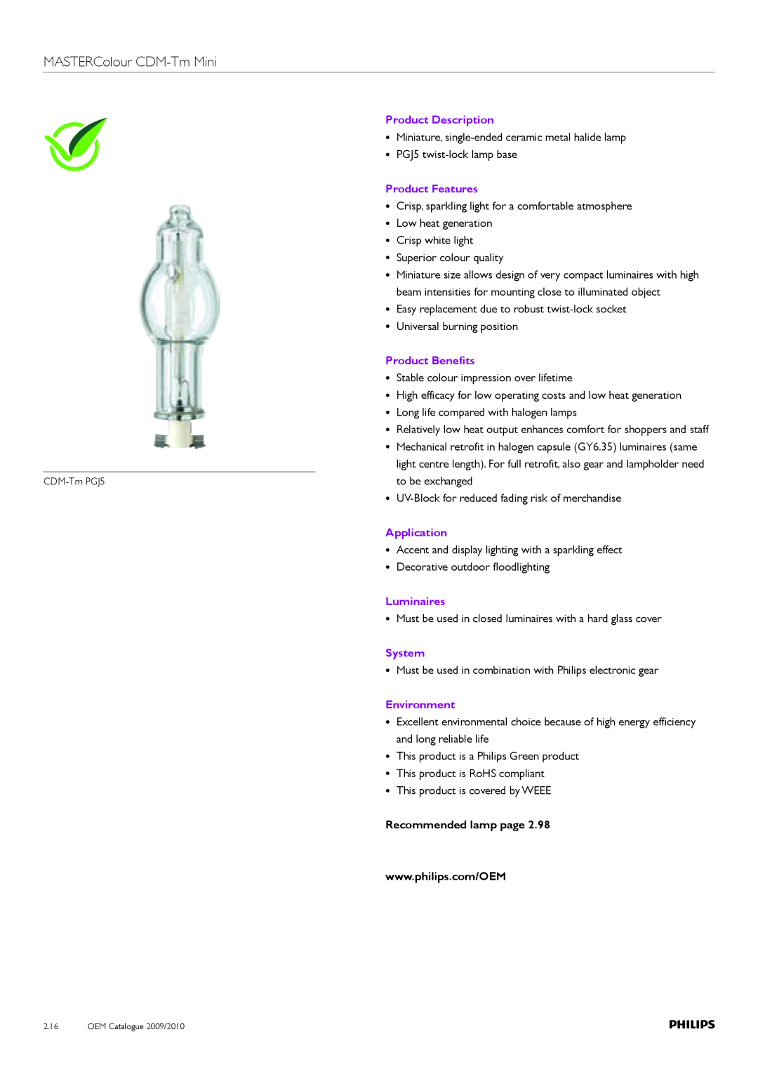 Philips Compact HID Lamp and Gear MASTERColour CDM-TmMini, Product Description, Product Features, Product Benefits, System 