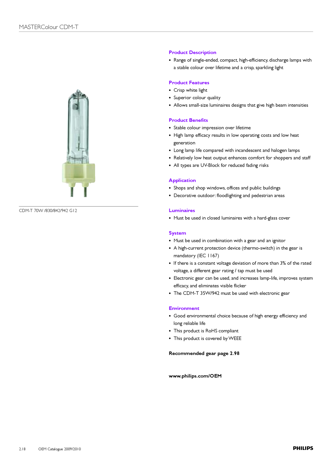 Philips Compact HID Lamp and Gear MASTERColour CDM-T, Product Description, Product Features, Product Benefits, Application 