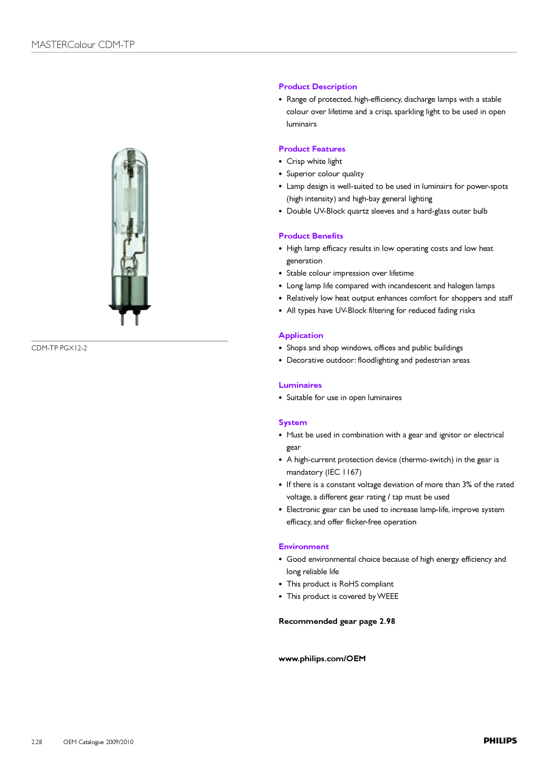 Philips Compact HID Lamp and Gear MASTERColour CDM-TP, Product Description, Product Features Crisp white light, Luminaires 