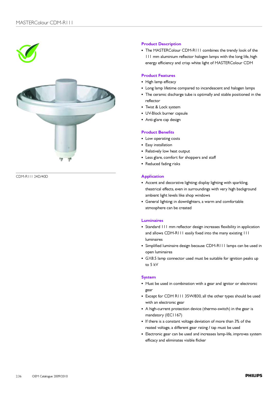 Philips Compact HID Lamp and Gear MASTERColour CDM-R111, Product Description, Product Benefits, Application, Luminaires 