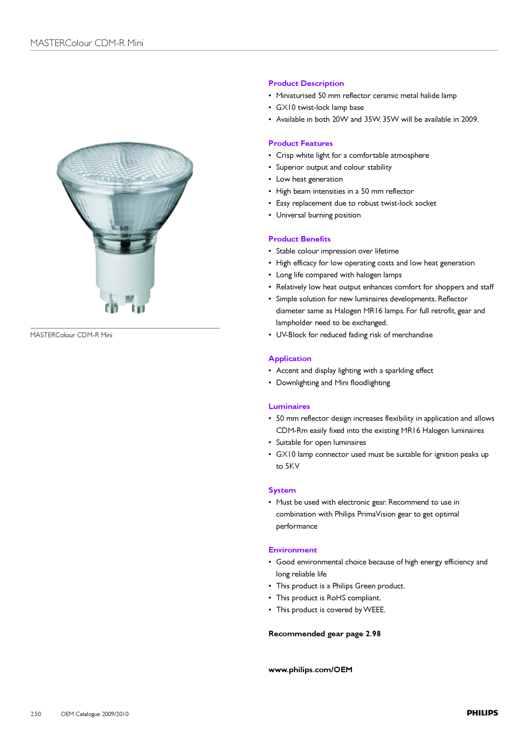 Philips Compact HID Lamp and Gear MASTERColour CDM-RMini, Product Description, Product Features, Product Benefits, System 