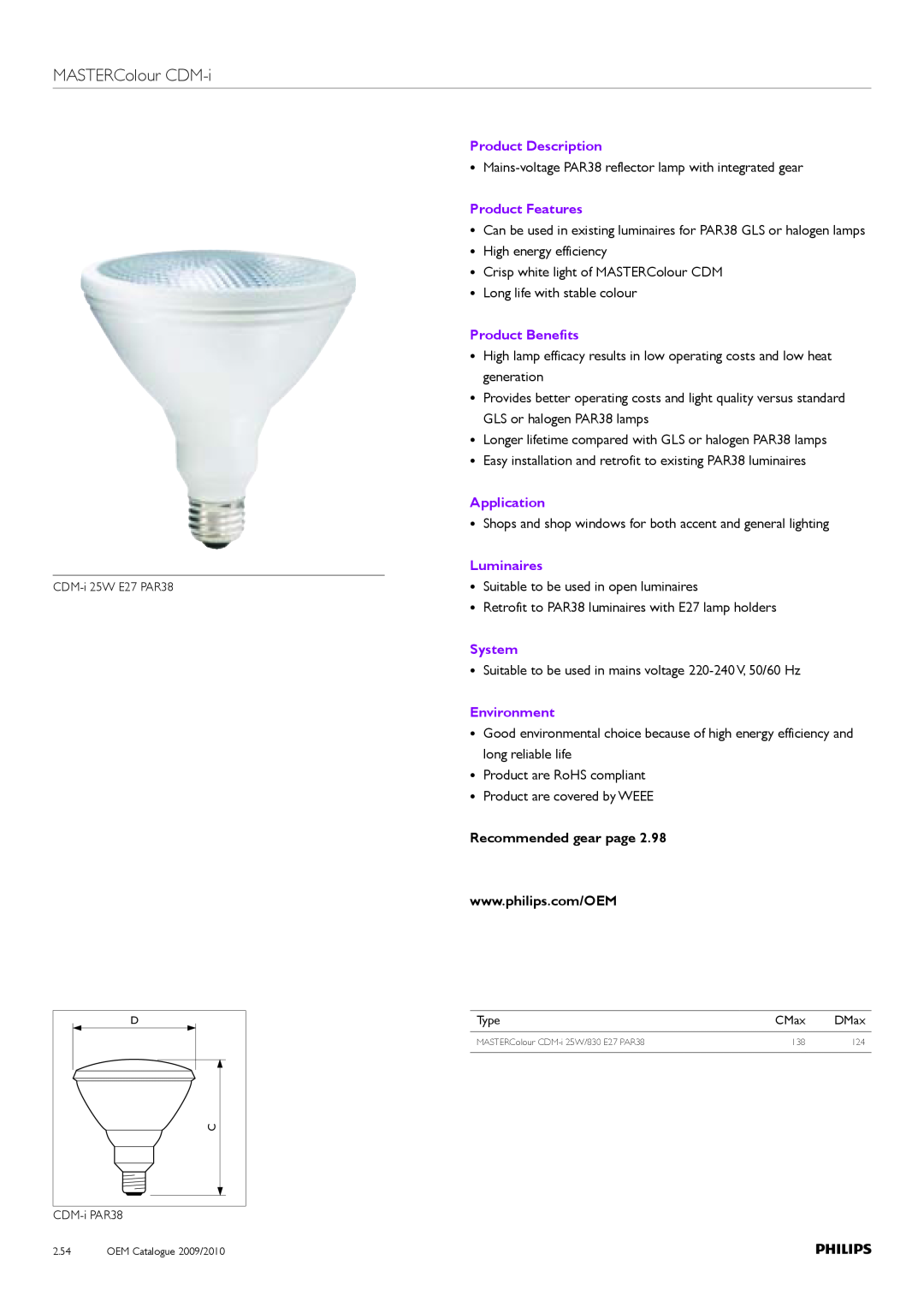 Philips Compact HID Lamp and Gear MASTERColour CDM-i, Product Description, Product Features, Product Benefits, Application 