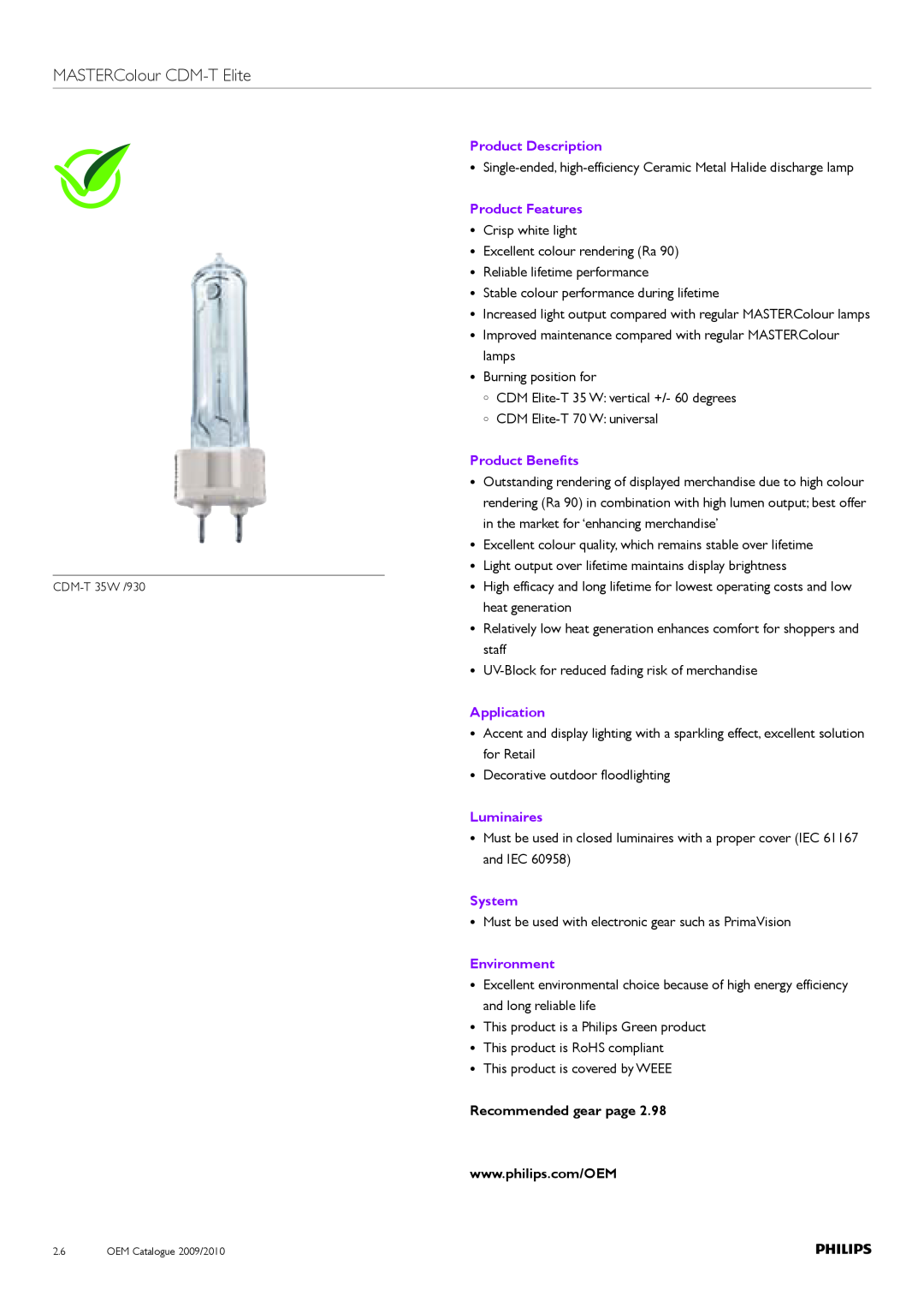 Philips Compact HID Lamp and Gear MASTERColour CDM-TElite, Product Description, Product Features, Product Benefits, System 