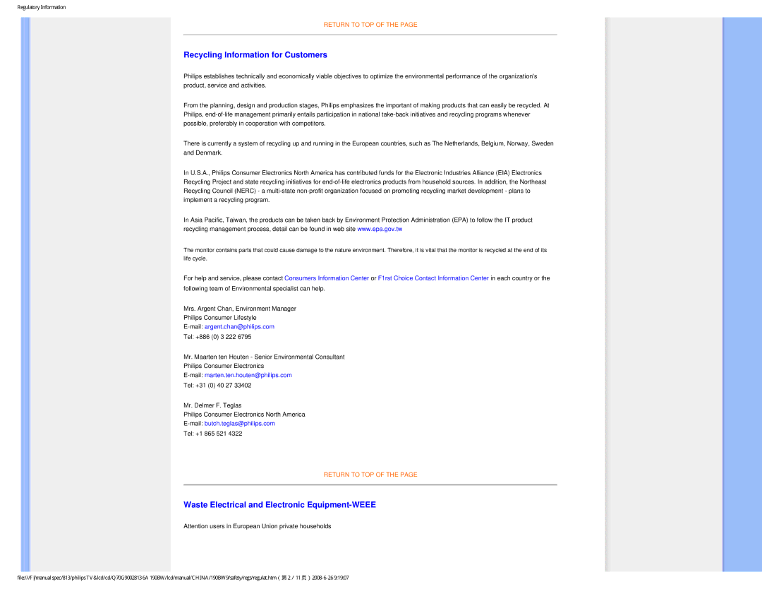 Philips Computer Monitor manual Recycling Information for Customers, Waste Electrical and Electronic Equipment-WEEE 