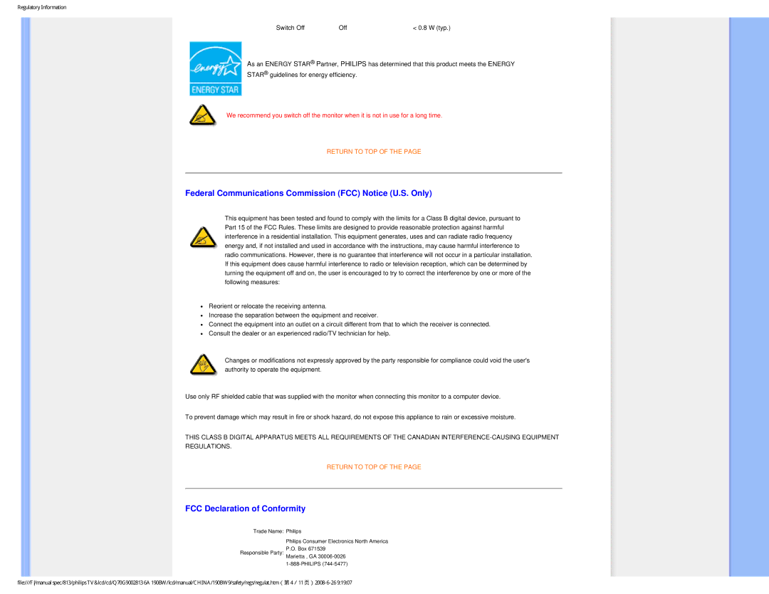 Philips Computer Monitor manual Federal Communications Commission FCC Notice U.S. Only, FCC Declaration of Conformity 