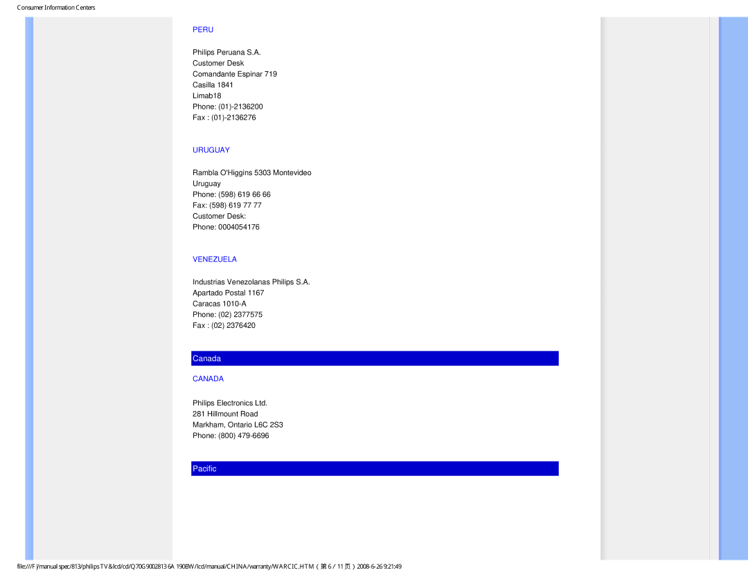 Philips Computer Monitor manual Peru, Uruguay, Venezuela, Canada 