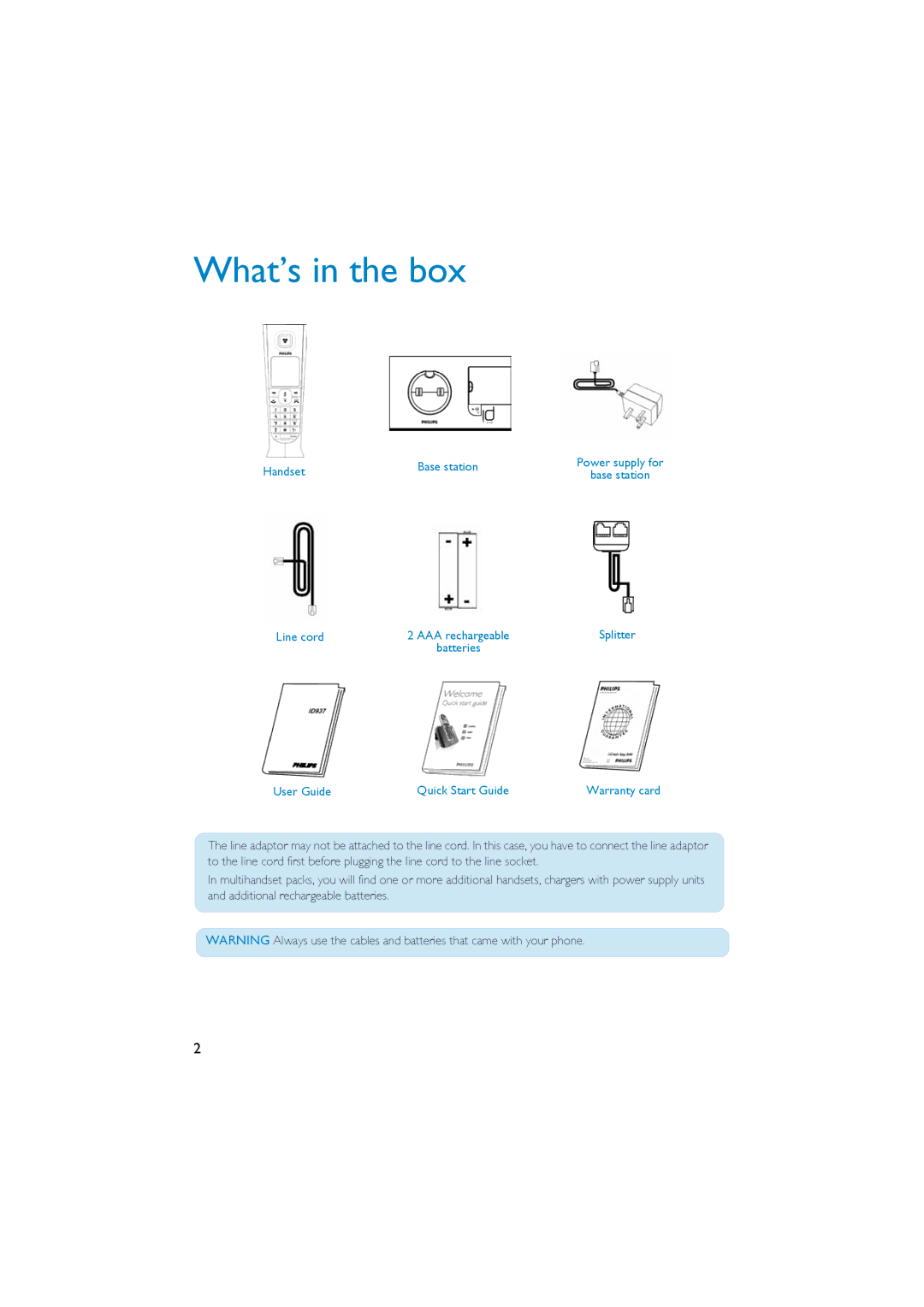 Philips Cordles Telephone quick start Handset Base station, Line cord, User Guide Quick Start Guide 