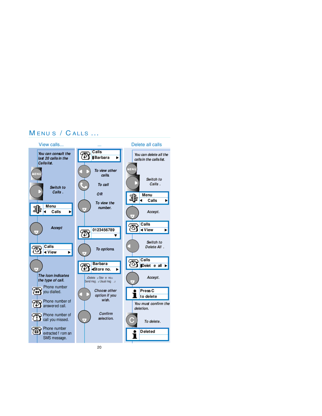 Philips Cordless Telephone Dual Band user manual Me N U S / Ca L L S, View calls, Delete all calls 