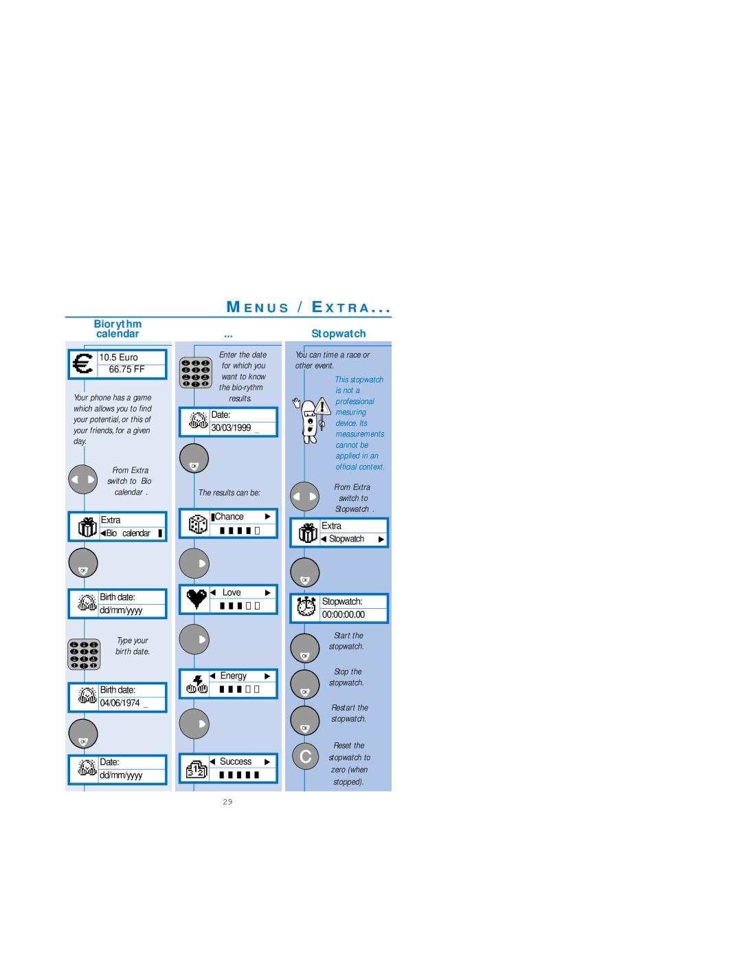 Philips Cordless Telephone Dual Band user manual Biorythm Calendar, Stopwatch, Results can be 