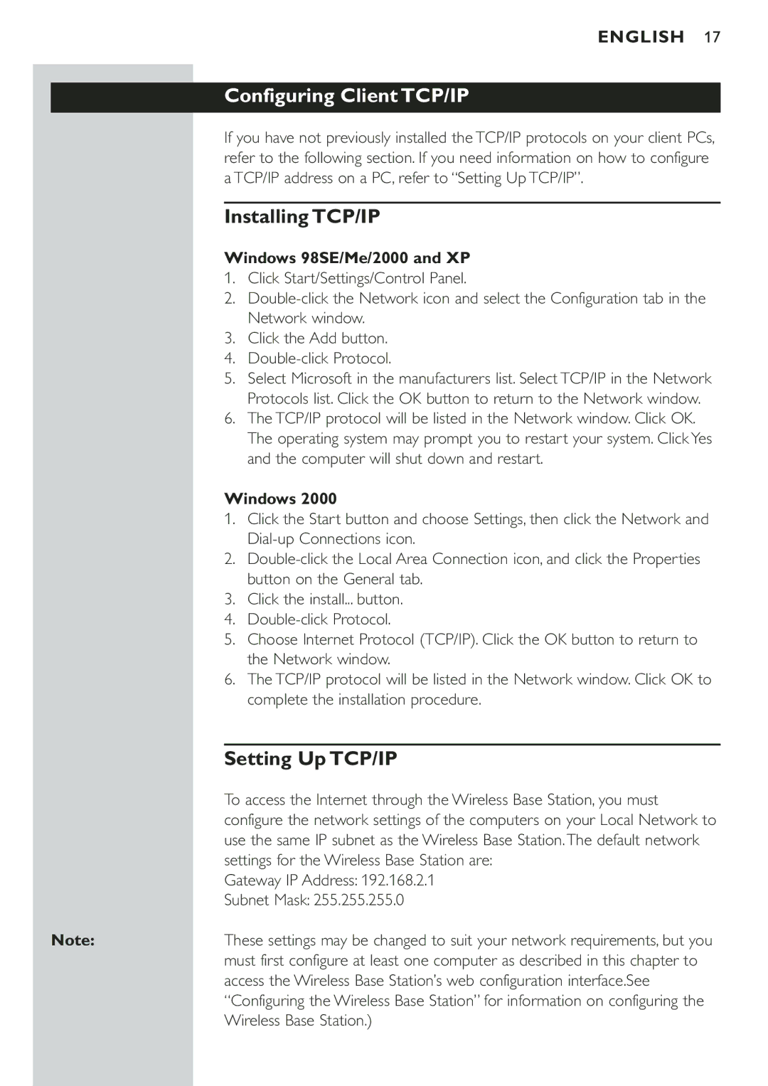 Philips CPWBS001 manual Installing TCP/IP, Setting Up TCP/IP, Windows 