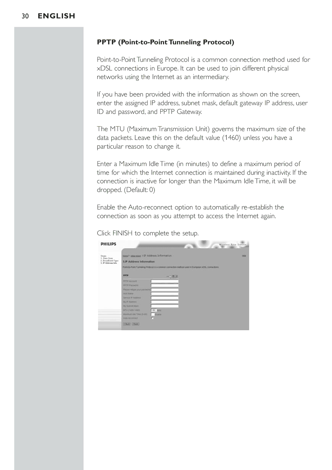 Philips CPWBS001 manual Pptp Point-to-Point Tunneling Protocol, Click Finish to complete the setup 