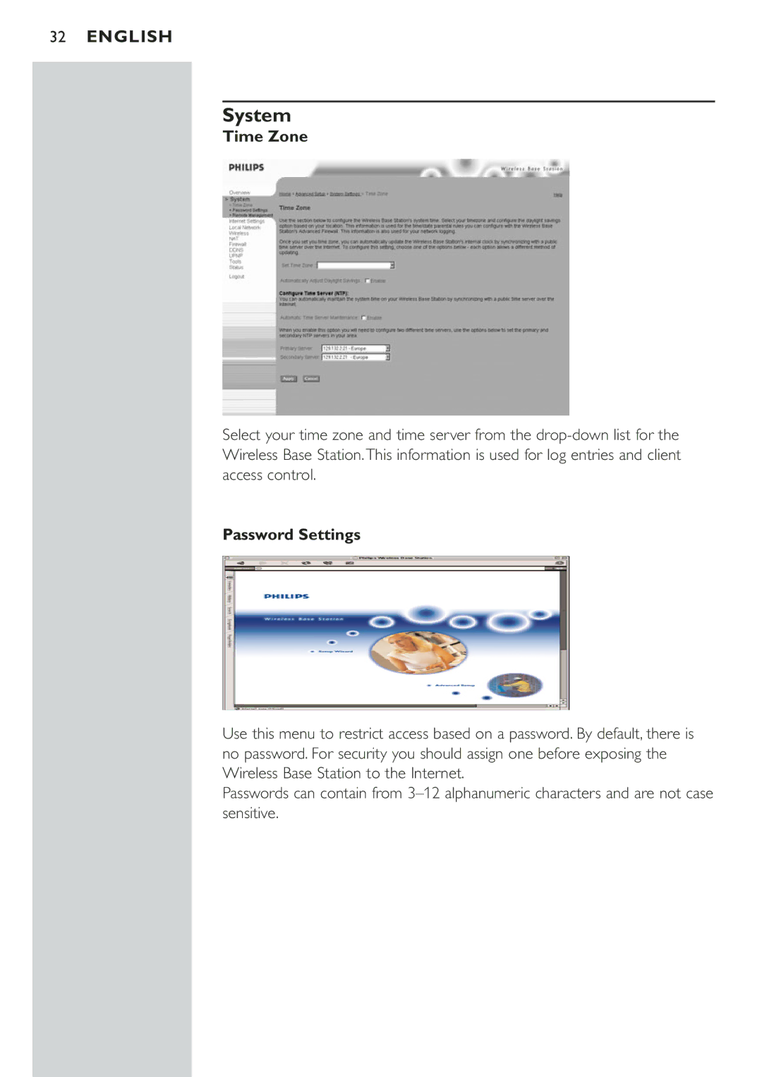 Philips CPWBS001 manual System, Password Settings 