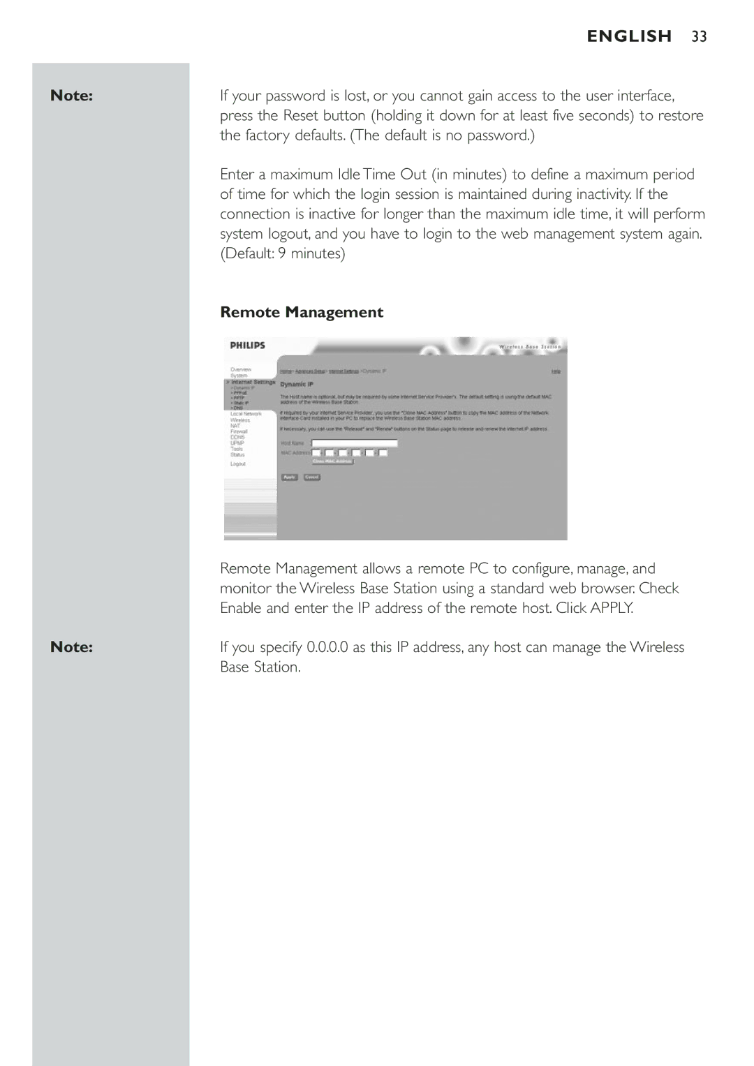 Philips CPWBS001 manual Factory defaults. The default is no password, Default 9 minutes, Remote Management, Base Station 