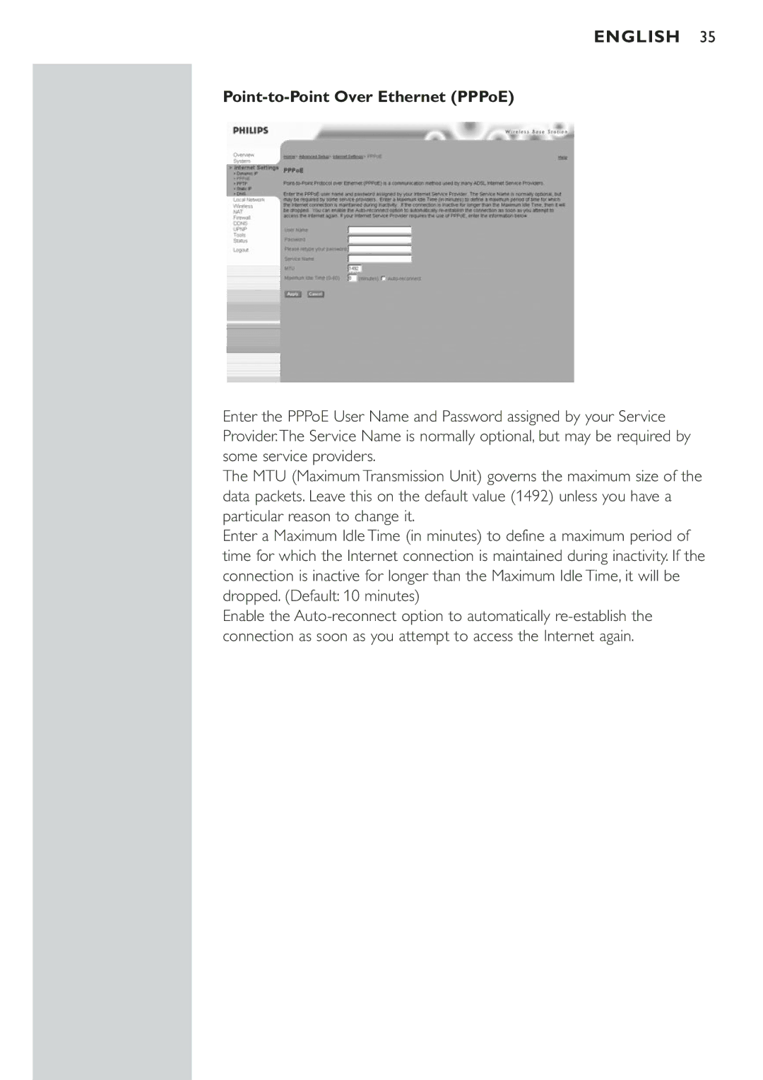 Philips CPWBS001 manual Point-to-Point Over Ethernet PPPoE 