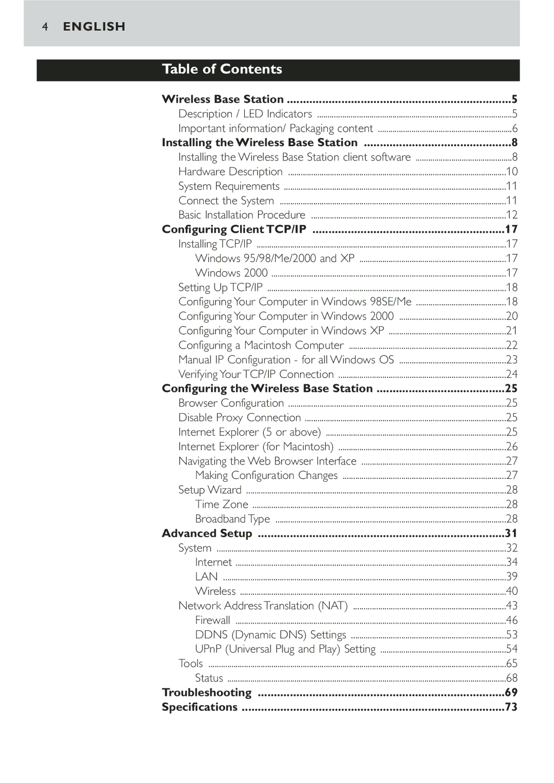 Philips CPWBS001 manual Table of Contents 