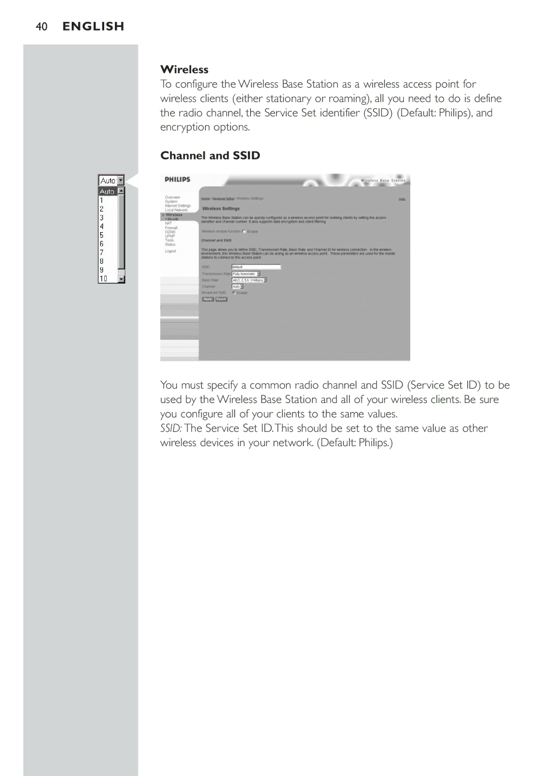 Philips CPWBS001 manual Wireless, Channel and Ssid 