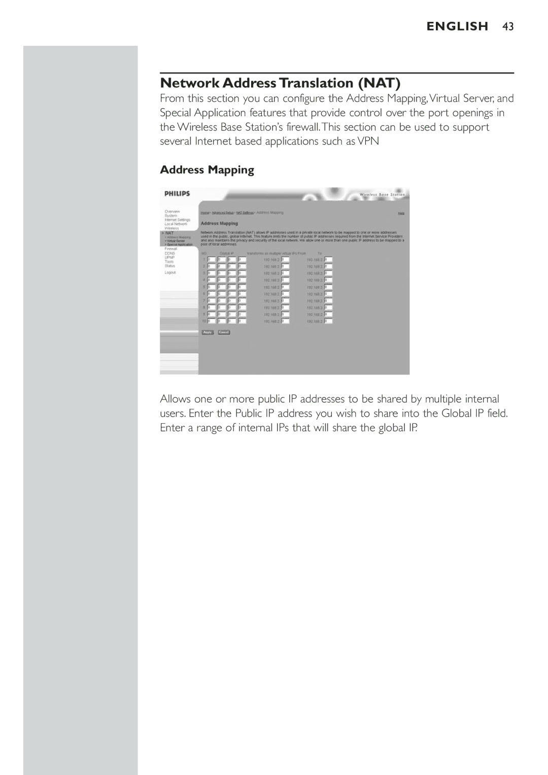 Philips CPWBS001 manual Network Address Translation NAT, Address Mapping 