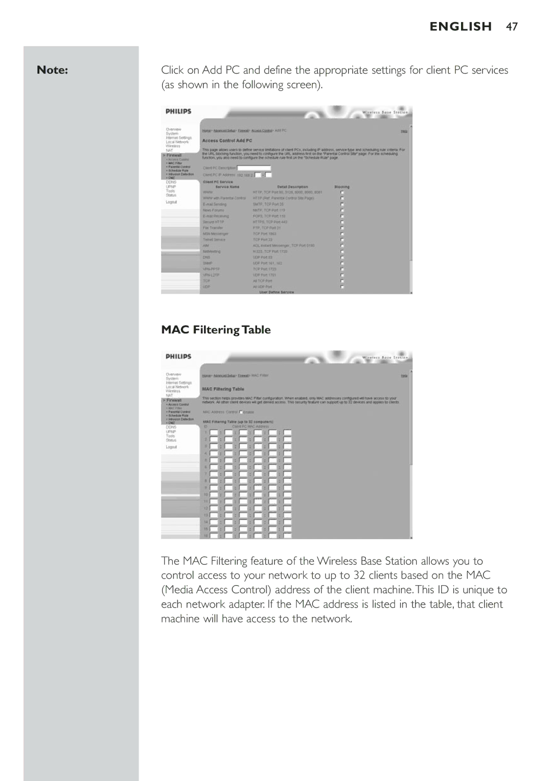 Philips CPWBS001 manual As shown in the following screen, MAC Filtering Table 