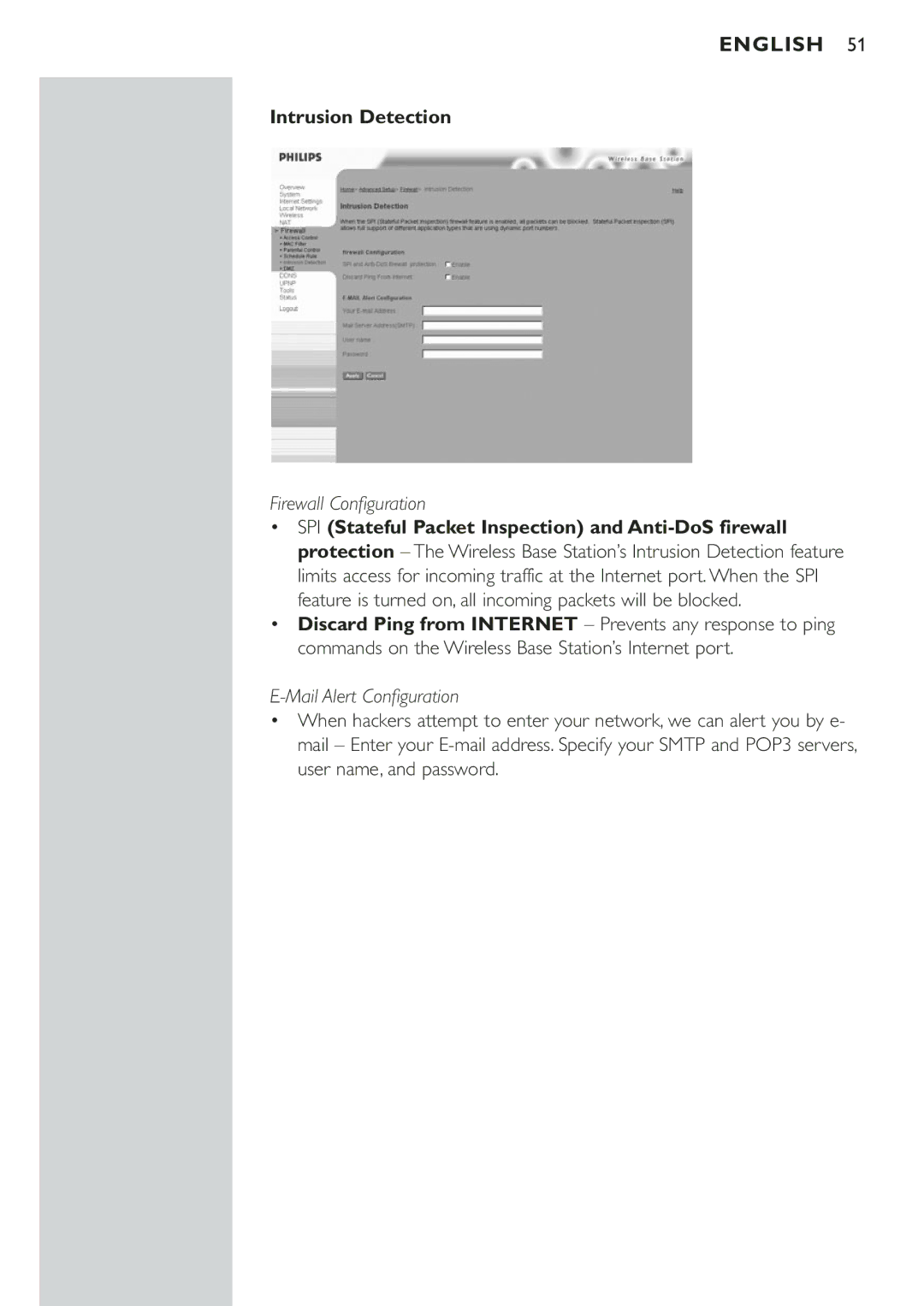 Philips CPWBS001 manual Intrusion Detection, Firewall Configuration 