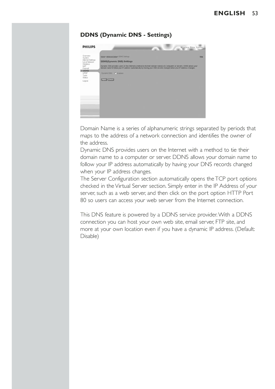 Philips CPWBS001 manual Ddns Dynamic DNS Settings 