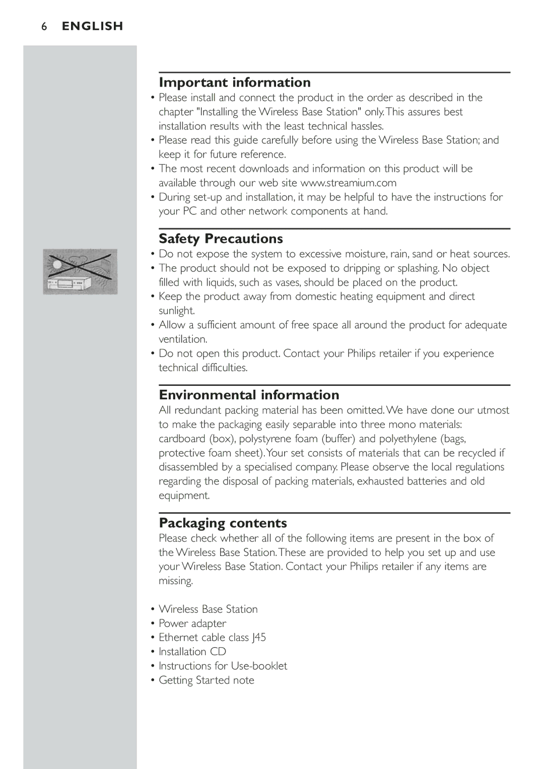 Philips CPWBS001 manual Important information, Safety Precautions, Environmental information, Packaging contents 