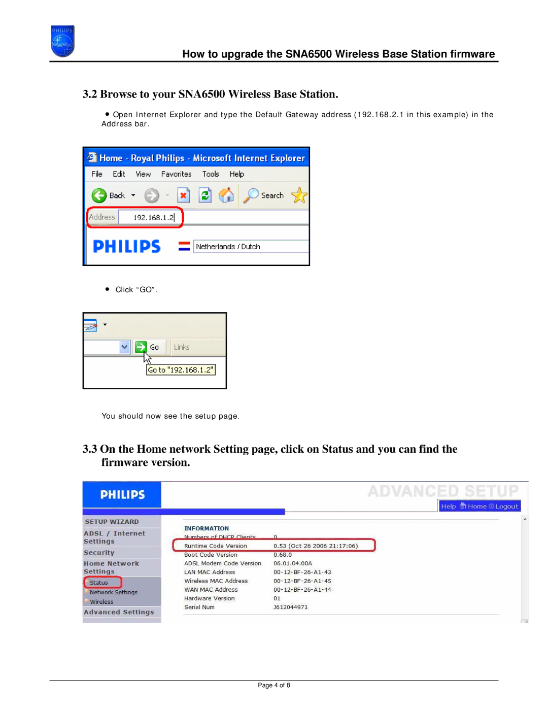 Philips CPWBS054 manual Browse to your SNA6500 Wireless Base Station 